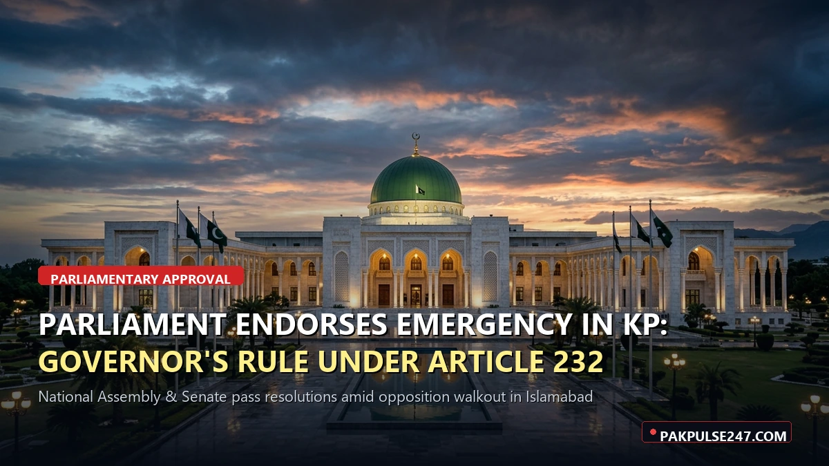 Editorial graphic of Parliament House Islamabad with PAKPULSE247.COM breaking news branding for KP emergency approval