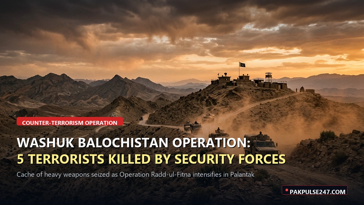Editorial graphic showing rugged Balochistan security terrain with PAKPULSE247.COM branding for Washuk counter-terrorism operation