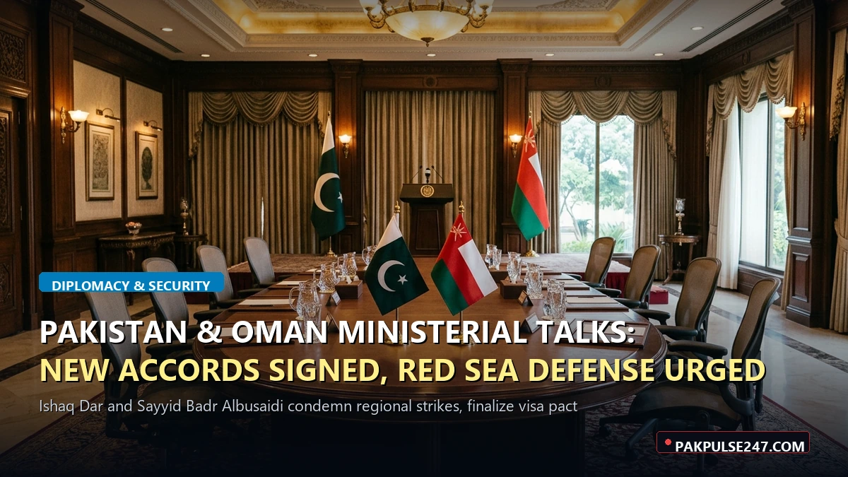 Editorial graphic of Islamabad diplomatic summit conference room with PAKPULSE247.COM branding for Pakistan-Oman ministerial talks