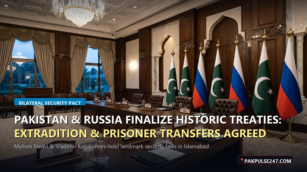 Editorial graphic of bilateral security conference room with PAKPULSE247.COM branding for Pakistan Russia extradition treaties