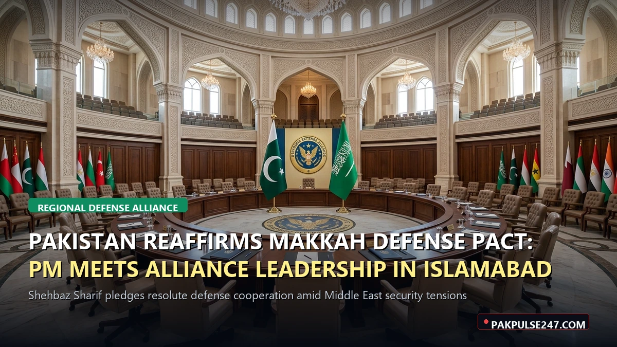 Editorial graphic of grand defense alliance council hall with PAKPULSE247.COM branding for Makkah Joint Defence Agreement
