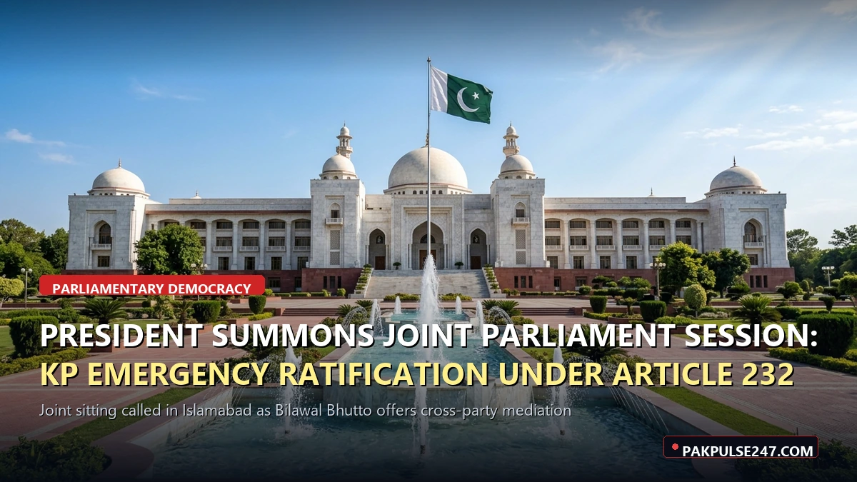 Editorial graphic of Parliament House Islamabad with PAKPULSE247.COM branding for joint parliamentary session on KP emergency