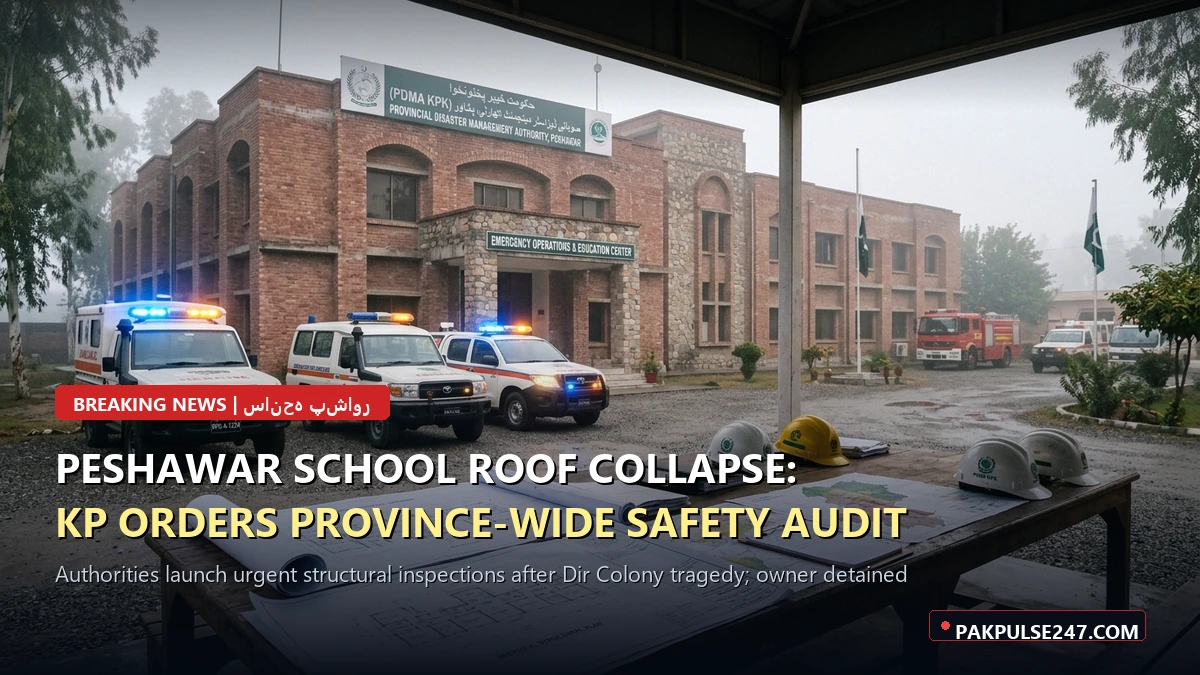 Editorial graphic of emergency response coordination and school inspection blueprints with PAKPULSE247.COM branding for Peshawar tragedy