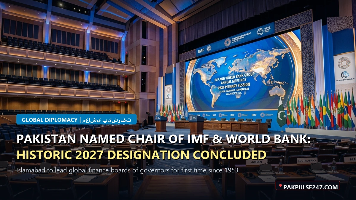 Editorial graphic of international financial conference plenary hall with PAKPULSE247.COM branding for Pakistan IMF World Bank chair
