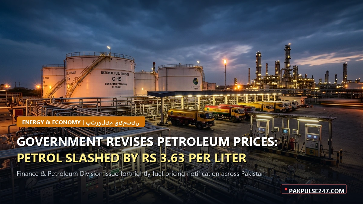 Editorial graphic of national petroleum refinery and fuel terminal with PAKPULSE247.COM branding for fuel price revisions