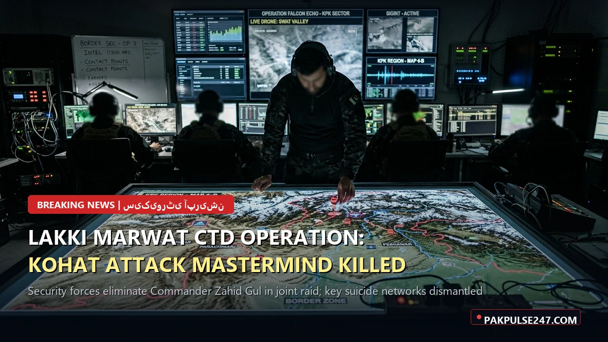 Editorial graphic of tactical security operations coordination map with PAKPULSE247.COM branding for Lakki Marwat CTD operation