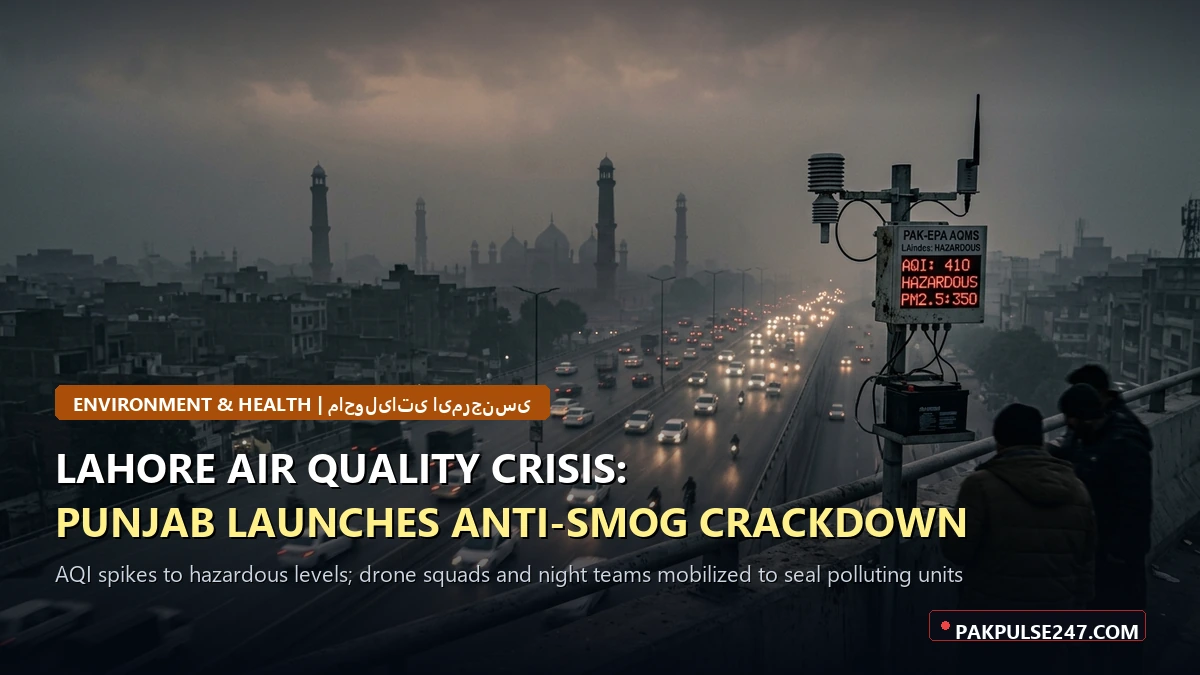 Editorial graphic of Lahore atmospheric smog monitoring and urban transit with PAKPULSE247.COM branding for anti-smog crackdown