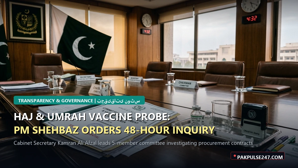 Editorial graphic of federal inquiry committee conference room and official dossier with PAKPULSE247.COM branding for vaccine procurement probe
