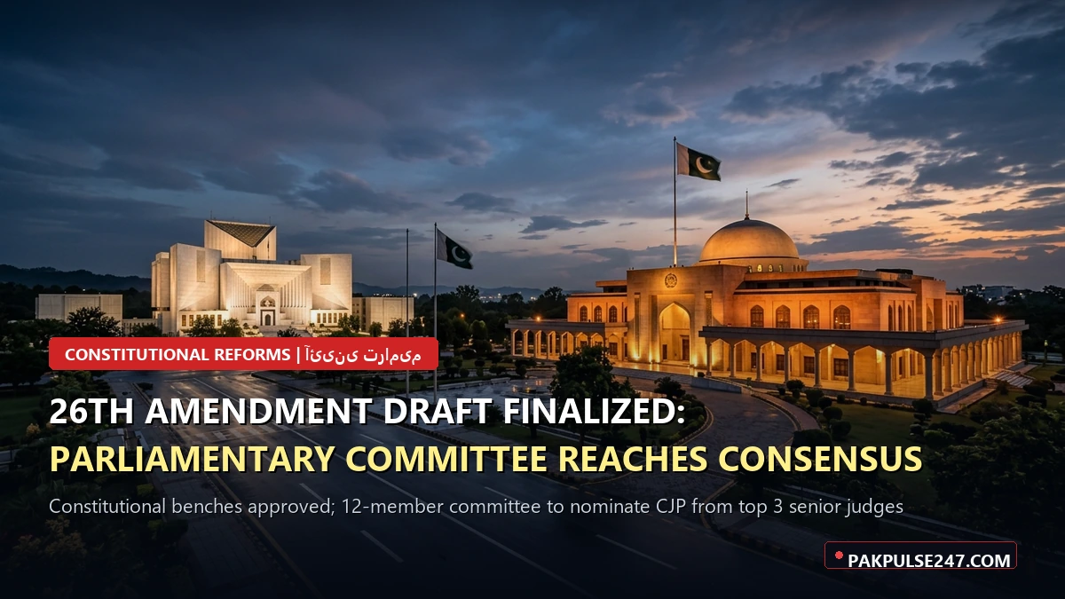 Editorial graphic of Pakistan Parliament House and Supreme Court building with PAKPULSE247.COM branding for 26th amendment consensus