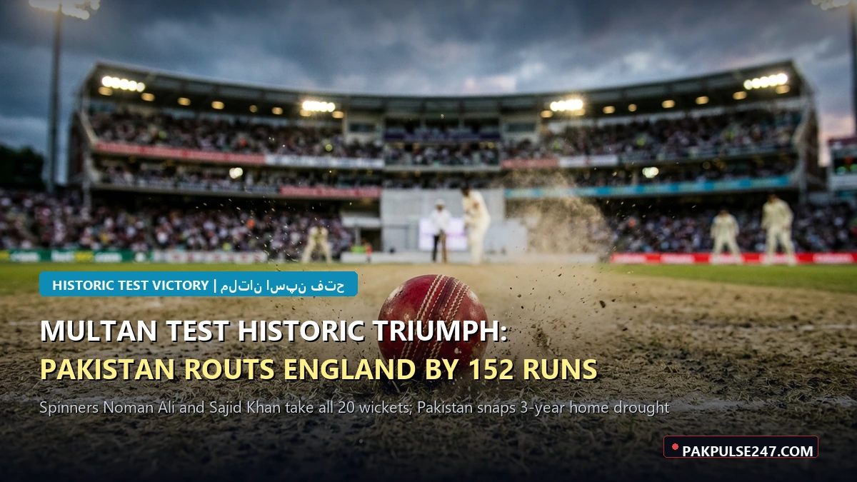 Editorial graphic of turning cricket ball on pitch and Multan stadium atmosphere with PAKPULSE247.COM branding for Pakistan test victory
