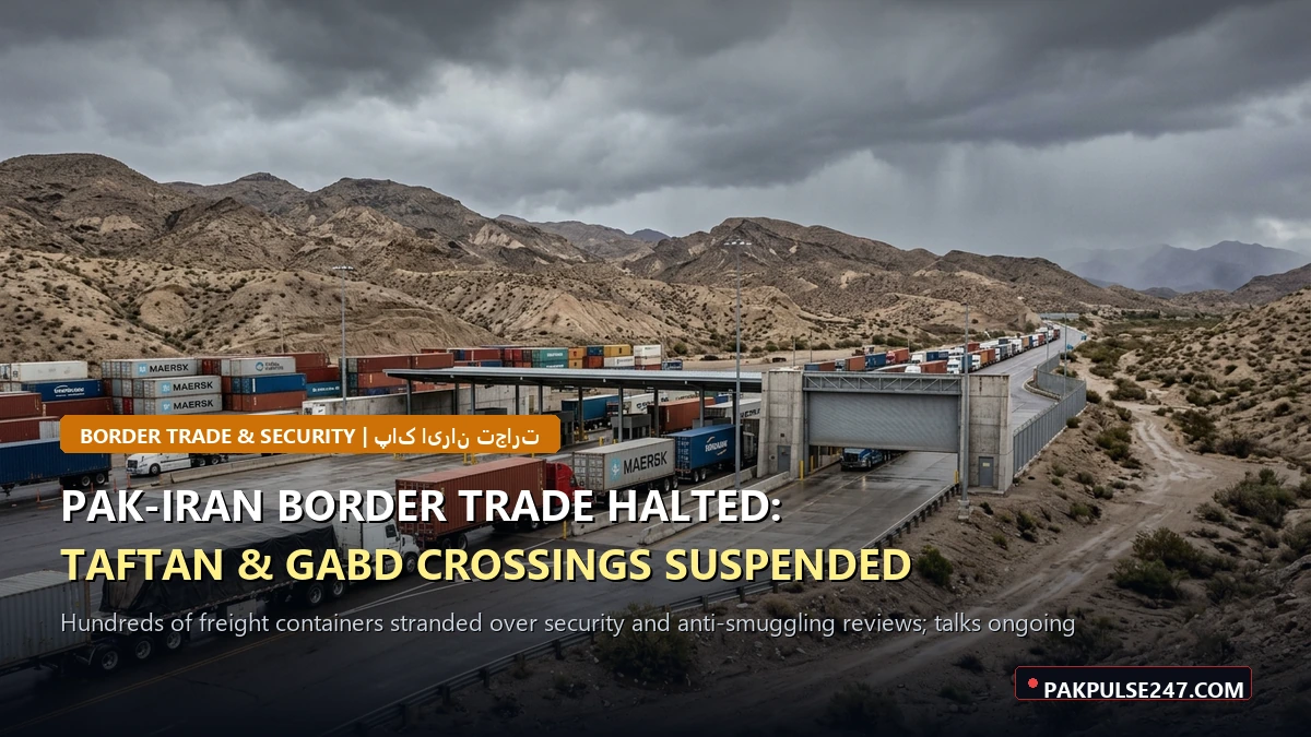Editorial graphic of international freight terminal and cargo transit checkpoint with PAKPULSE247.COM branding for Pak-Iran trade suspension