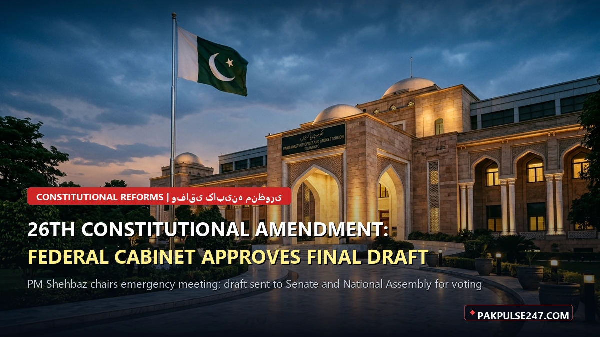 Editorial graphic of Prime Minister's Secretariat and Cabinet Division Islamabad with PAKPULSE247.COM branding for federal cabinet approval of 26th constitutional amendment draft