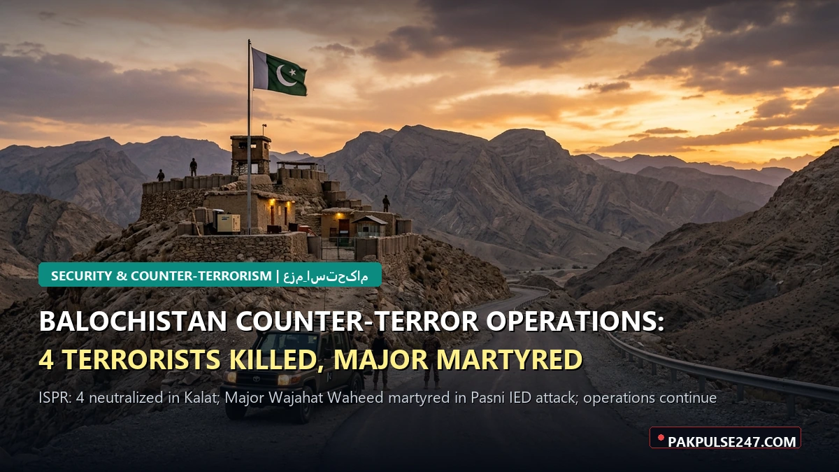Editorial graphic of Balochistan mountain security checkpoint with PAKPULSE247.COM branding for counter-terrorism operations in Kalat and Pasni