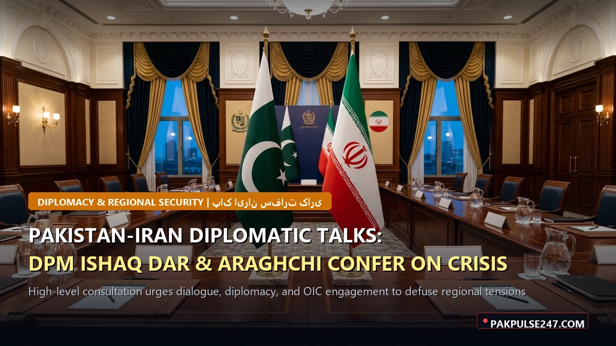 Editorial graphic of bilateral diplomatic conference chamber with PAKPULSE247.COM branding for Pakistan-Iran foreign ministers consultation