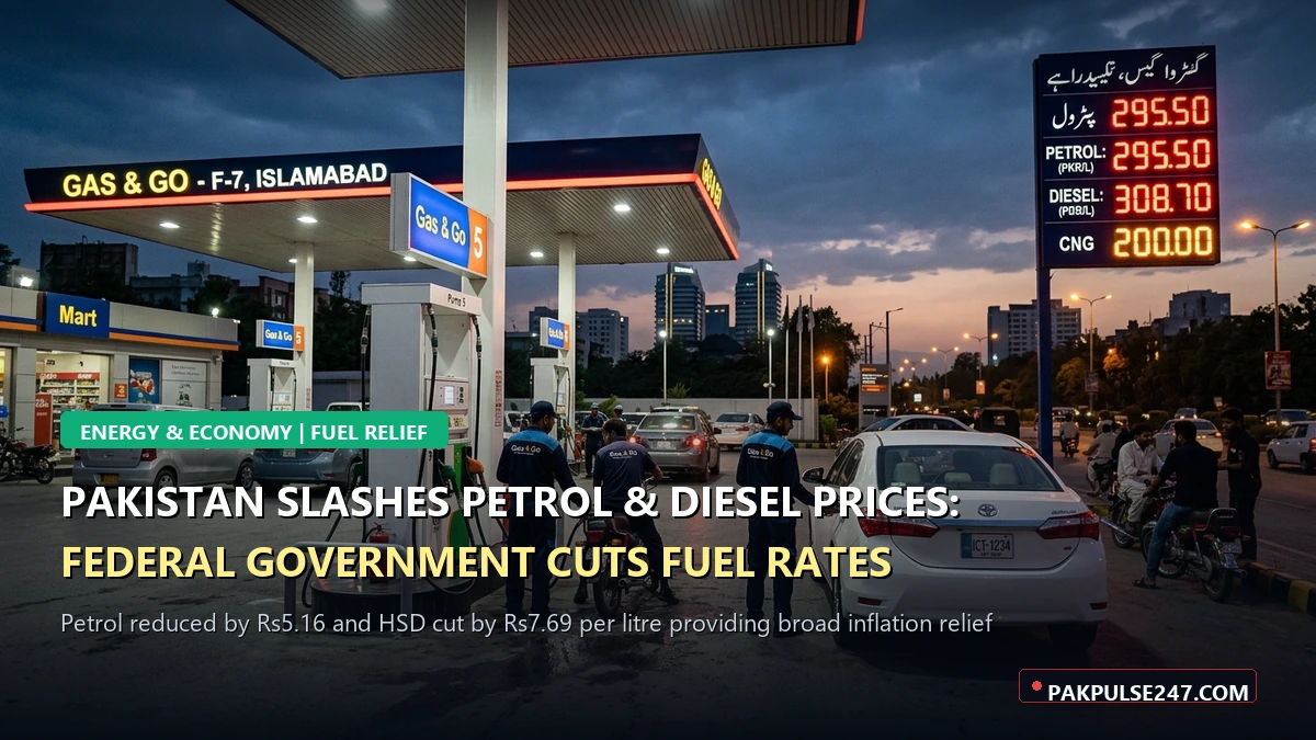 Editorial graphic of Islamabad filling station with PAKPULSE247.COM branding showing petrol and diesel price reduction