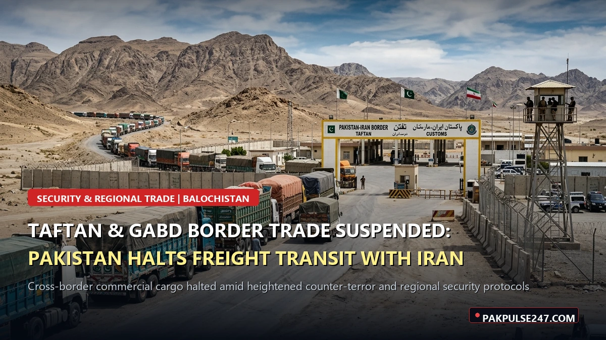 Editorial graphic of Taftan border customs crossing with PAKPULSE247.COM branding showing freight transit suspension