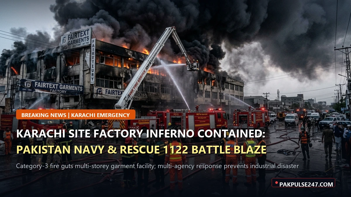 Editorial graphic of Karachi SITE industrial area firefighting operation with PAKPULSE247.COM branding