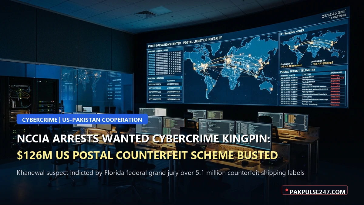 Editorial graphic illustrating digital cybercrime forensic laboratory and server control room with PAKPULSE247.COM branding