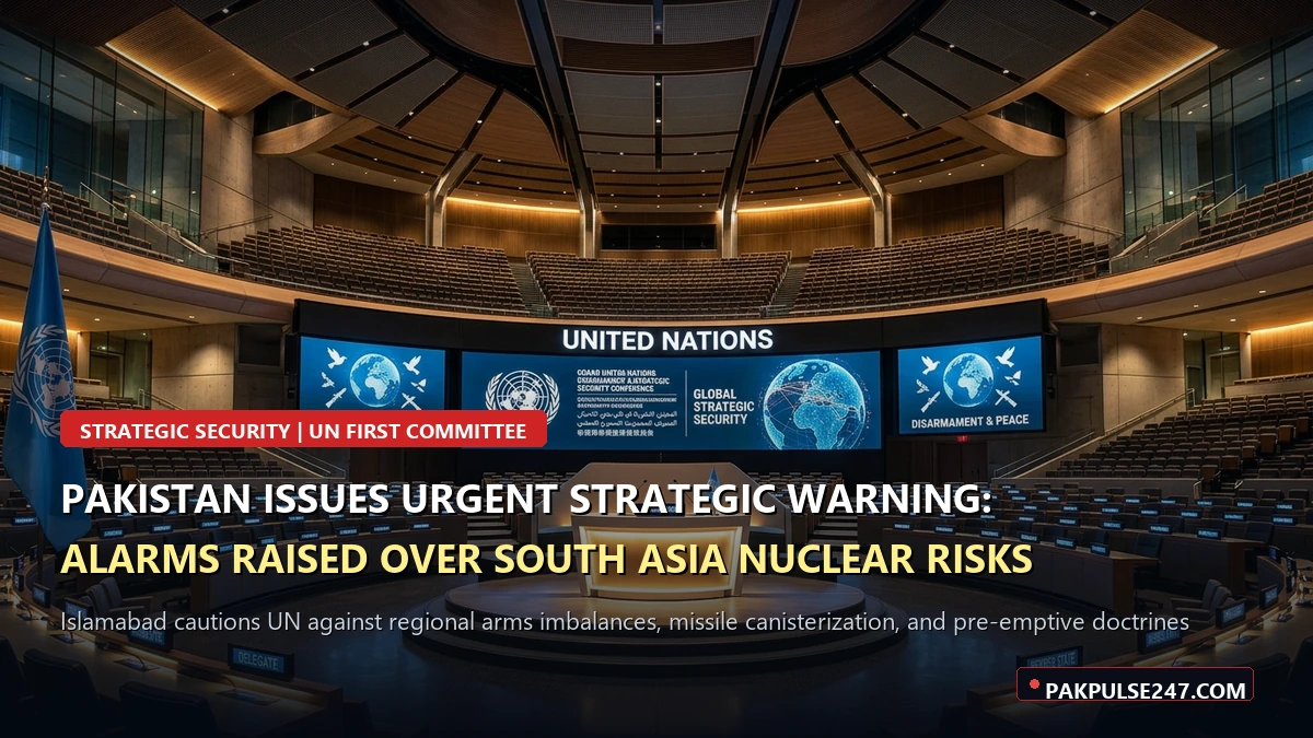 Editorial graphic of United Nations disarmament and strategic security assembly hall with PAKPULSE247.COM branding