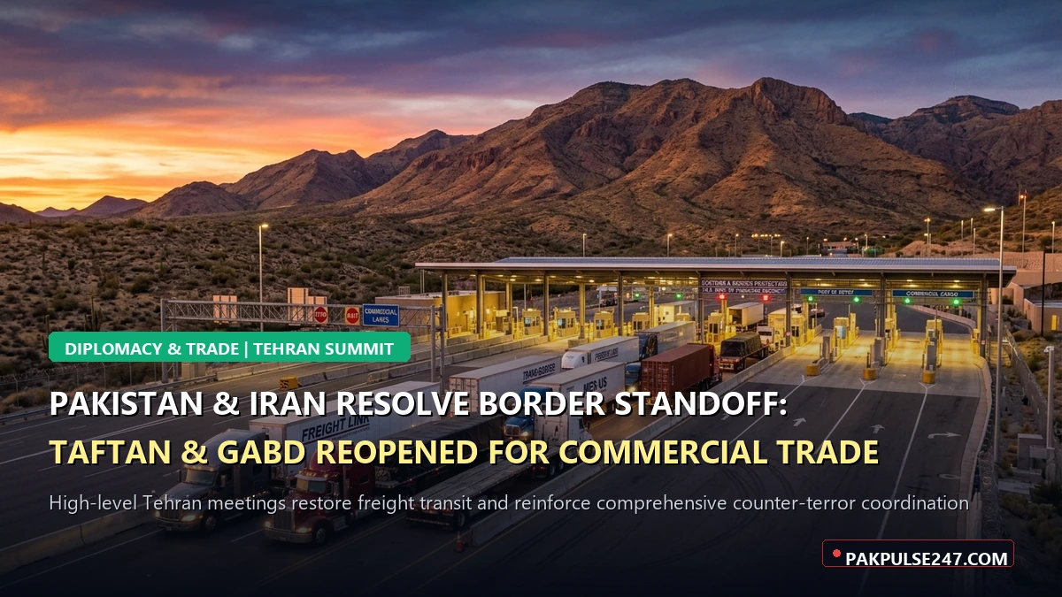 Editorial graphic of international border crossing and customs checkpoint terminal with PAKPULSE247.COM branding