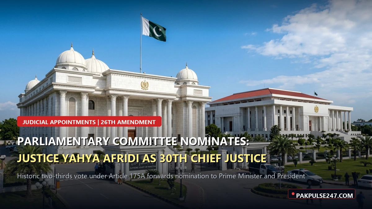 Editorial graphic showing Supreme Court of Pakistan and Parliament House Islamabad with PAKPULSE247.COM branding for Justice Yahya Afridi nomination