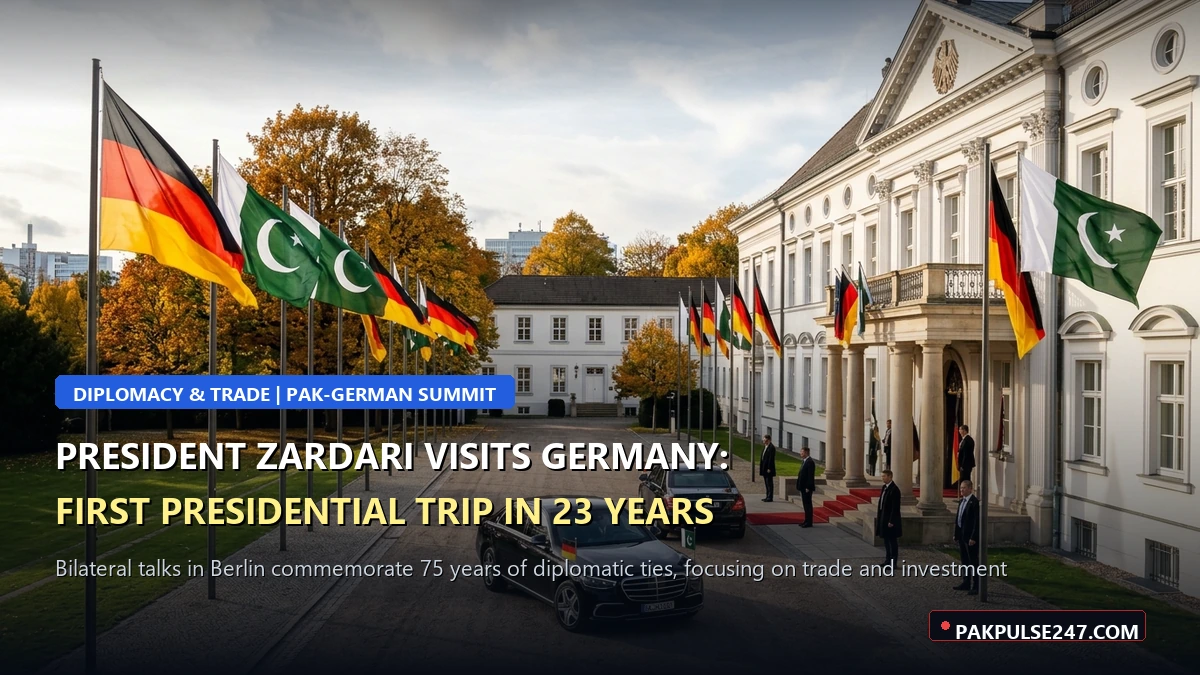 Editorial graphic of Bellevue Palace Berlin with protocol flags and PAKPULSE247.COM branding for President Zardari visit to Germany