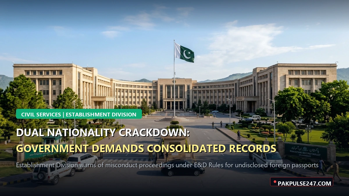 Editorial graphic of Pakistan Secretariat executive headquarters Islamabad with PAKPULSE247.COM branding for civil servants dual nationality crackdown