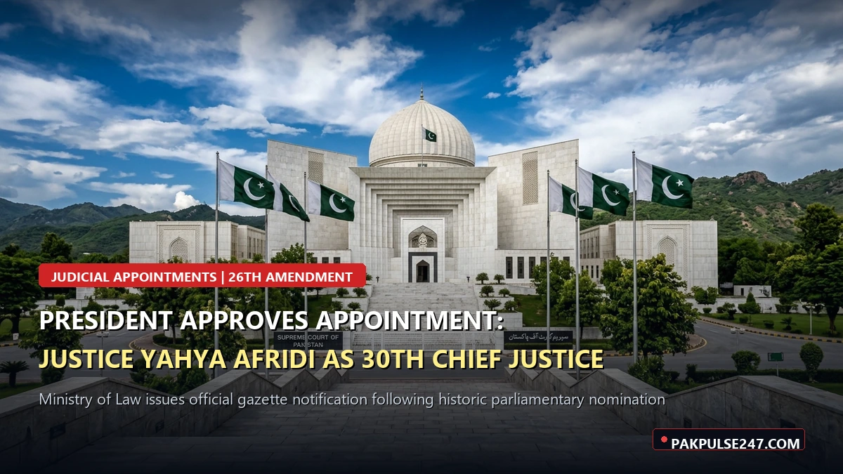 Editorial graphic of the Supreme Court of Pakistan on Constitution Avenue Islamabad with PAKPULSE247.COM branding for Justice Yahya Afridi CJP appointment notification
