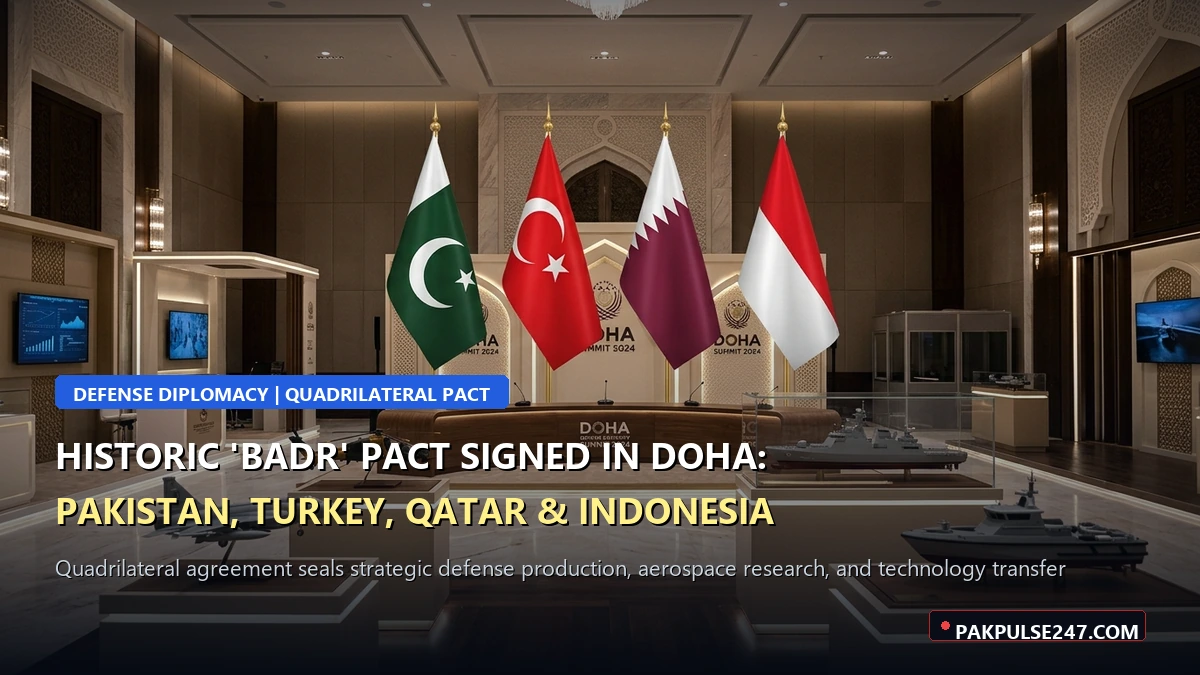 Editorial graphic of Doha defense summit hall featuring flags of Pakistan Turkey Qatar and Indonesia with PAKPULSE247.COM branding