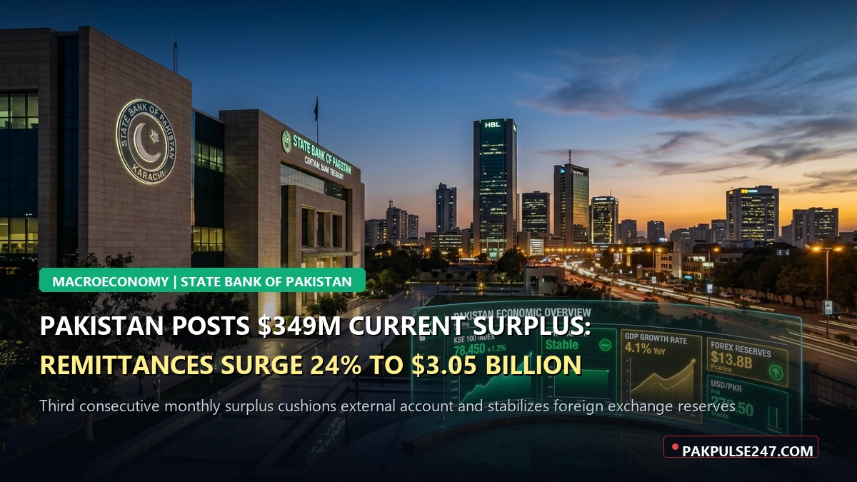 Editorial graphic of State Bank of Pakistan financial center with economic indicators and PAKPULSE247.COM branding