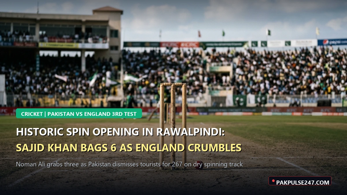Editorial graphic of Rawalpindi Cricket Stadium pitch with PAKPULSE247.COM branding for Pakistan vs England 3rd Test spin bowling masterclass
