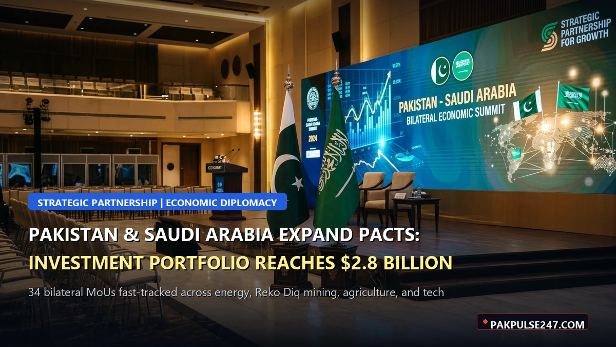 Editorial graphic of Pakistan Saudi Arabia bilateral economic summit hall with PAKPULSE247.COM branding