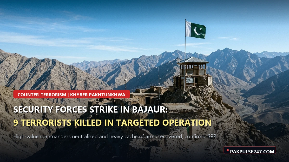 Editorial graphic of tactical security watchtower in rugged mountains of Bajaur with PAKPULSE247.COM branding