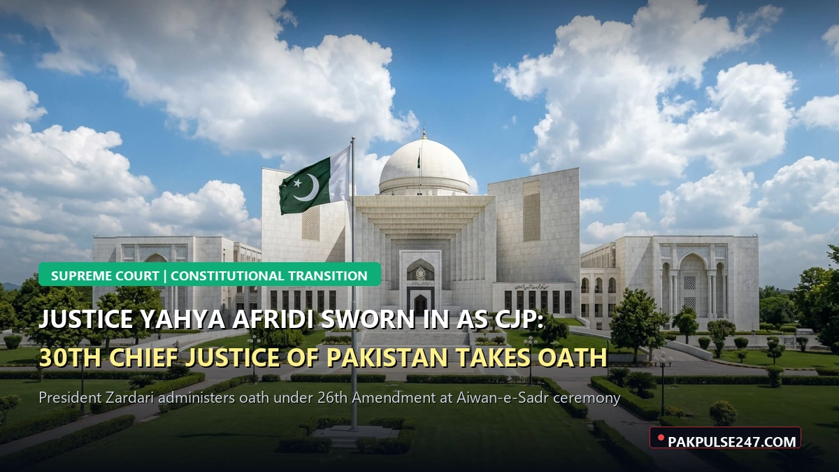 Editorial graphic of Supreme Court of Pakistan facade in Islamabad with PAKPULSE247.COM breaking news branding for oath-taking of 30th Chief Justice Yahya Afridi
