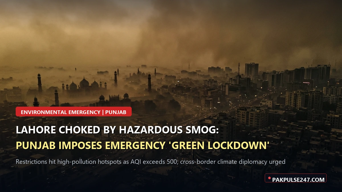 Editorial graphic of Lahore skyline shrouded in dense toxic smog with PAKPULSE247.COM branding for Punjab green lockdown declaration