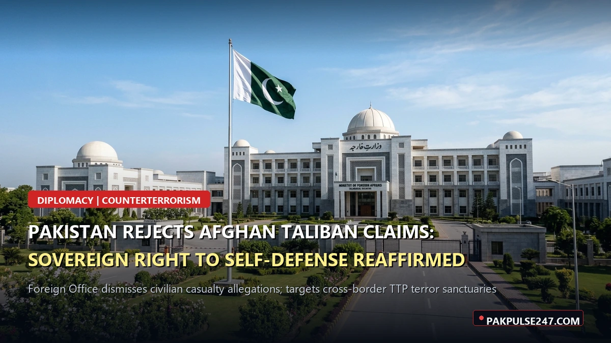 Editorial graphic showing Ministry of Foreign Affairs building in Islamabad with PAKPULSE247.COM branding on counterterrorism defense response