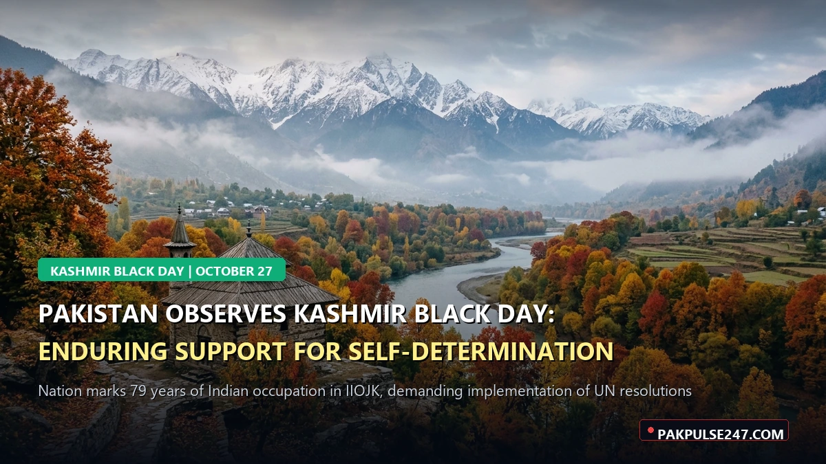Editorial graphic of Kashmir valley with PAKPULSE247.COM branding marking Kashmir Black Day and self-determination support
