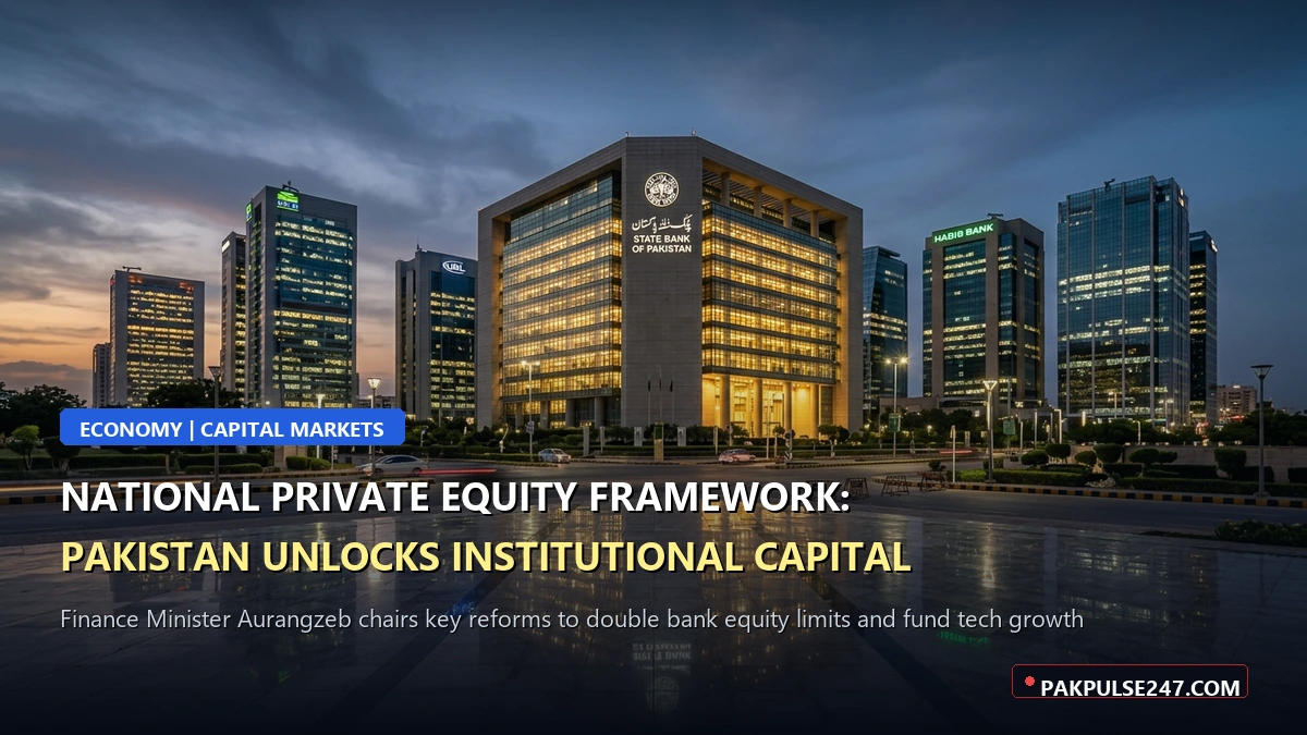 Editorial graphic of Karachi financial center with PAKPULSE247.COM branding on National Private Equity Framework