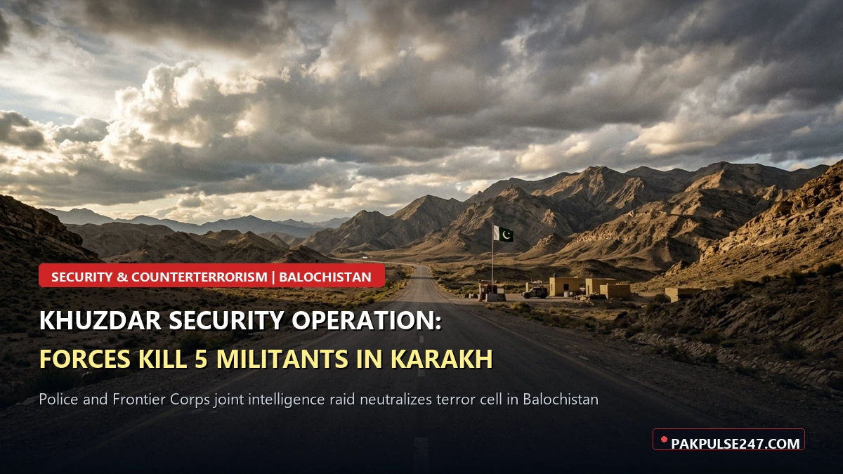 Editorial graphic showing Balochistan security checkpoint and mountainous terrain with PAKPULSE247.COM branding on Khuzdar counterterrorism operation