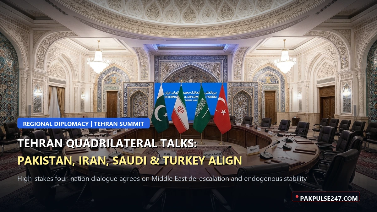 Editorial graphic showing Tehran diplomatic summit hall with national flags and PAKPULSE247.COM branding for quadrilateral security talks