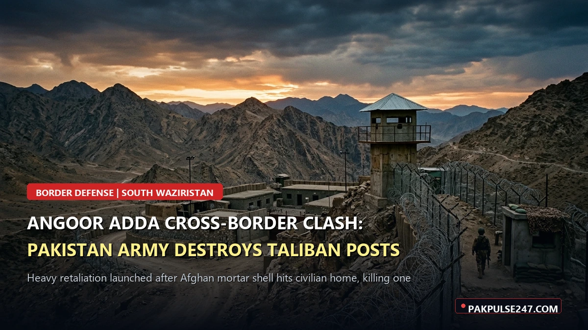 Editorial graphic of rugged South Waziristan border outpost with PAKPULSE247.COM branding on Angoor Adda retaliatory operation