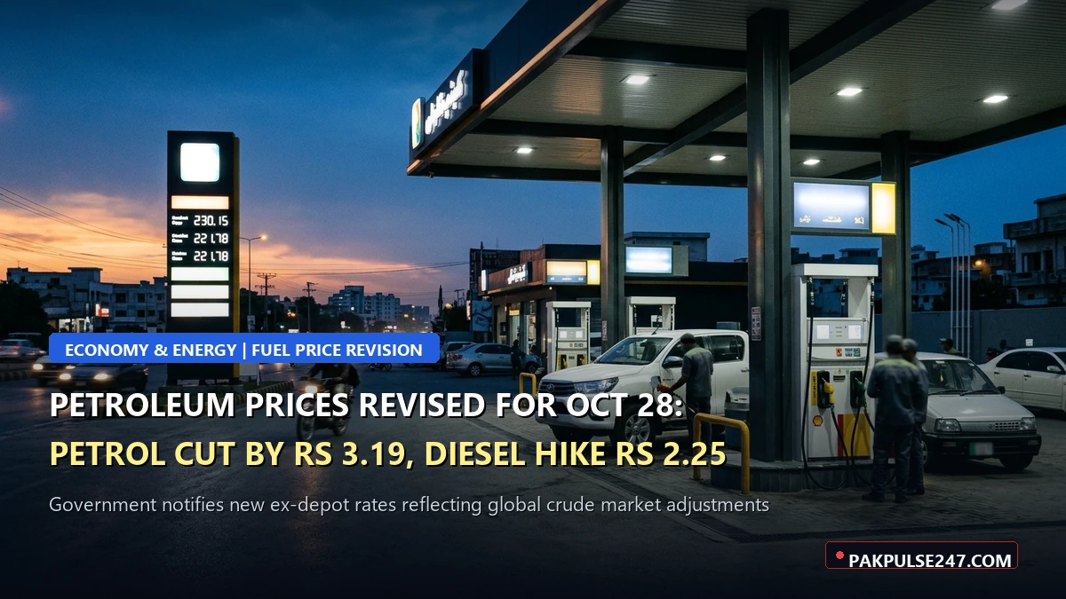 Editorial graphic of modern fuel station with PAKPULSE247.COM branding on October 28 petroleum price revisions