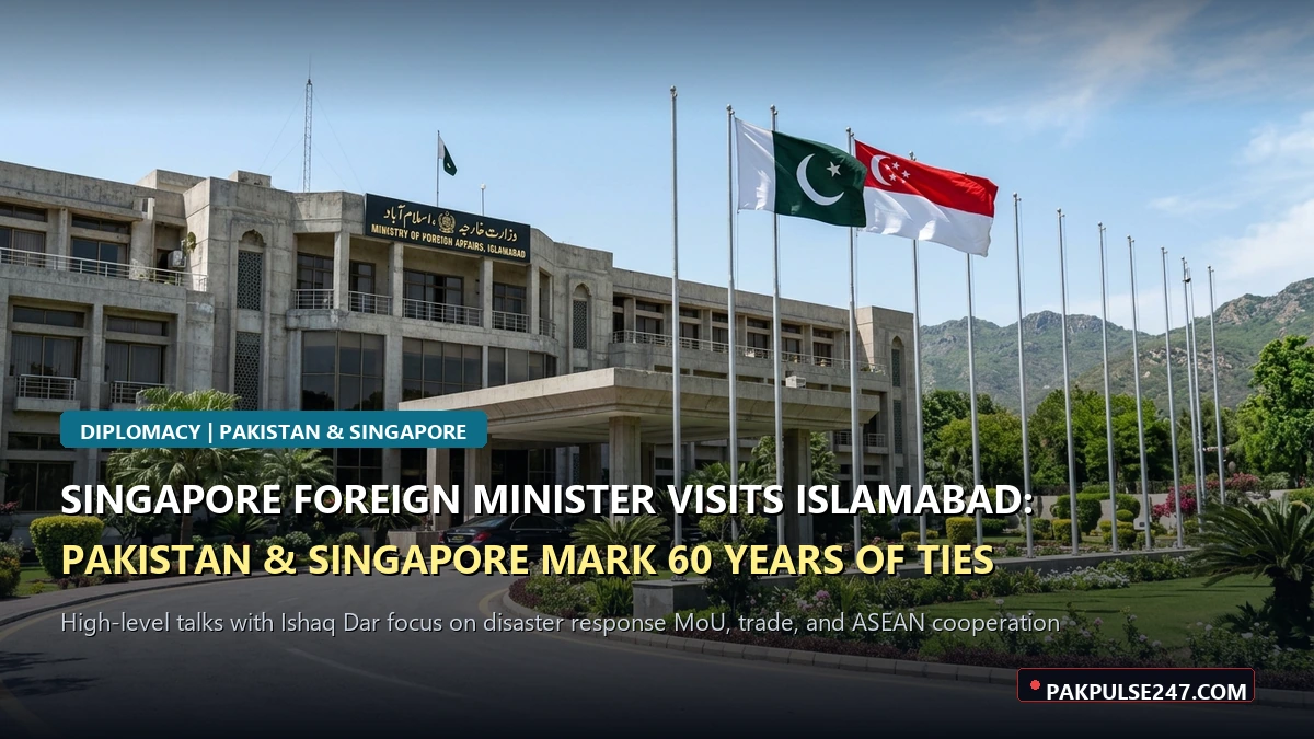 Editorial graphic of the Ministry of Foreign Affairs in Islamabad with Pakistan and Singapore flags and PAKPULSE247.COM branding on Dr Vivian Balakrishnan official visit
