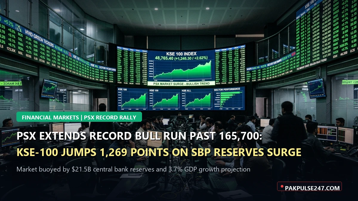 Editorial graphic of Pakistan Stock Exchange trading screens surging in green with PAKPULSE247.COM branding on KSE-100 historic high