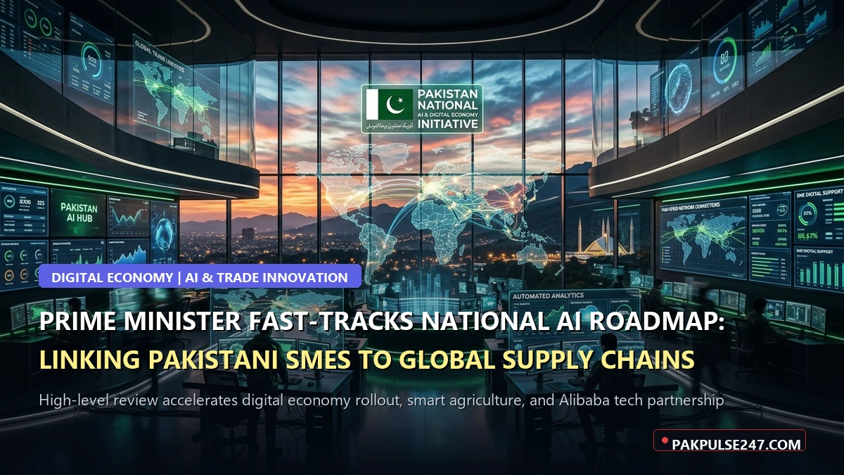Editorial graphic of modern digital economy command center with PAKPULSE247.COM branding on national AI roadmap and SME global trade