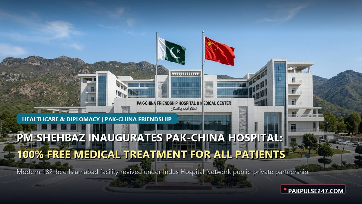 Editorial graphic of the modern Pakistan-China Friendship Hospital in Islamabad with national flags and PAKPULSE247.COM branding on 100% free treatment inauguration