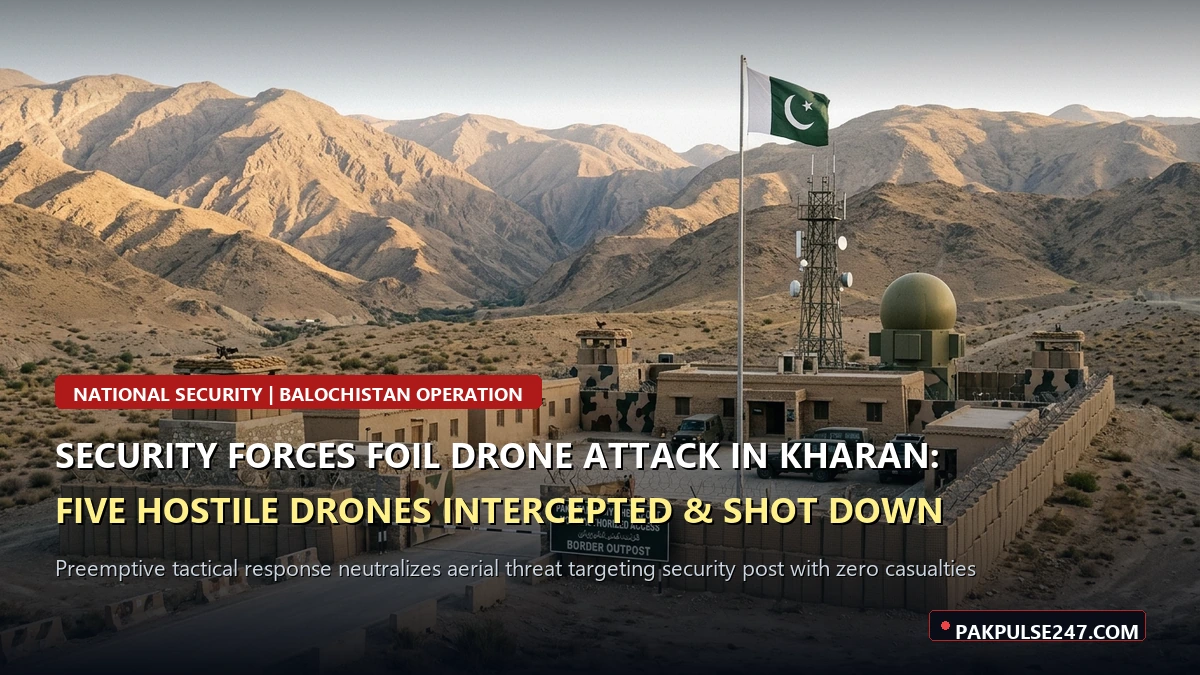 Editorial graphic of a Pakistani defense border outpost in Balochistan mountains with PAKPULSE247.COM branding on Kharan drone interception