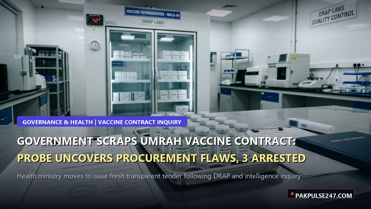 Editorial graphic of a pharmaceutical regulatory inspection laboratory with vaccine vials and PAKPULSE247.COM branding on Umrah vaccine tender cancellation