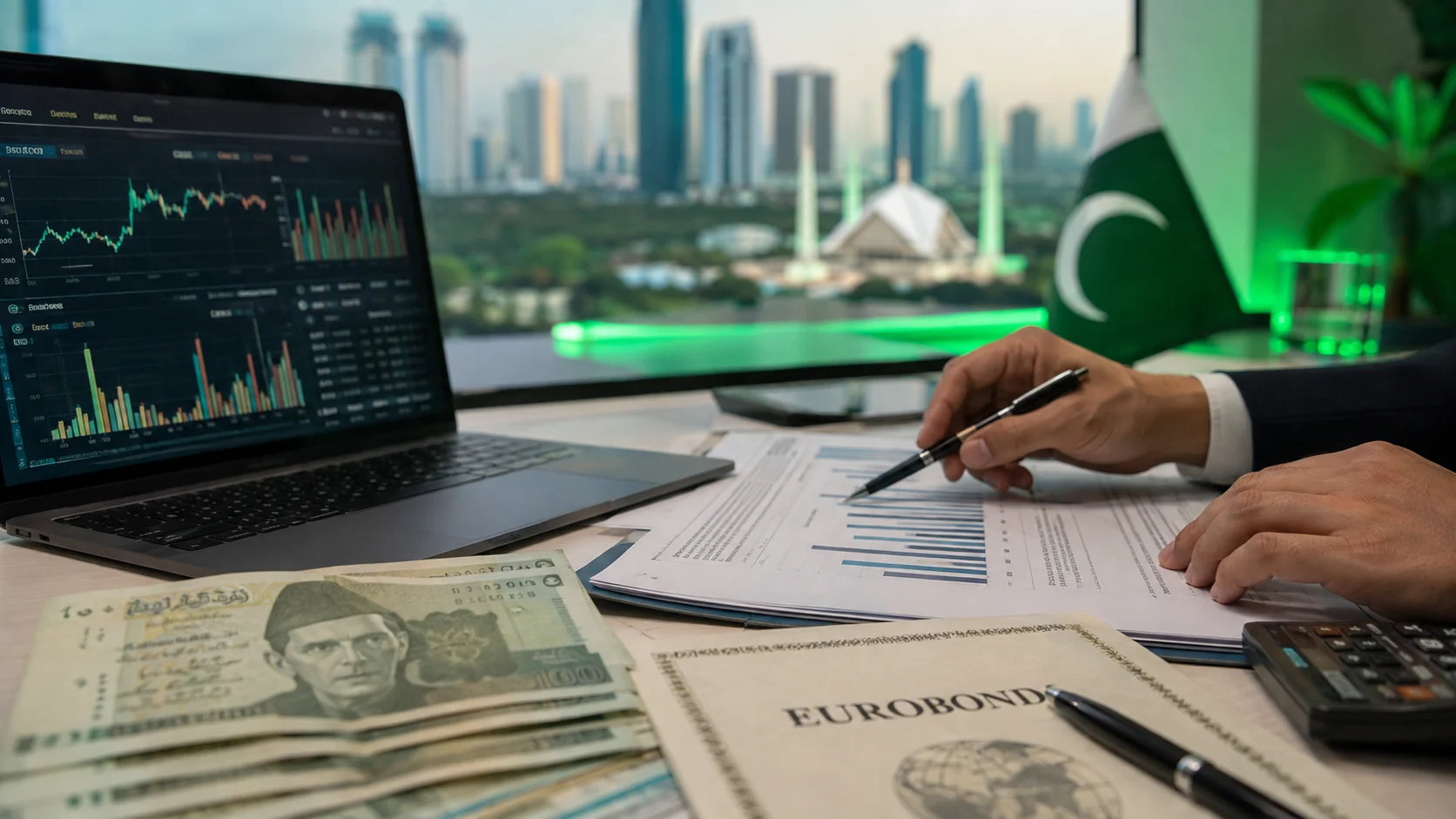 Illustration of financial analysts reviewing Pakistan Eurobond market data